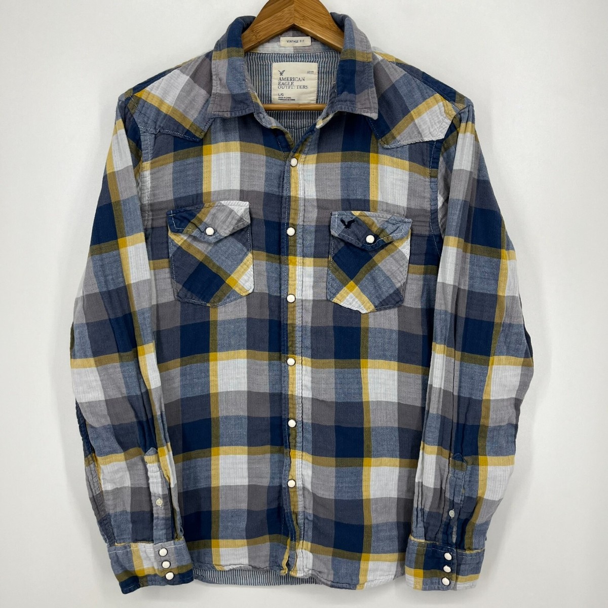 American Eagle Long Sleeve Button Shirt Men's L Blue Yellow Plaid Pearl Snap