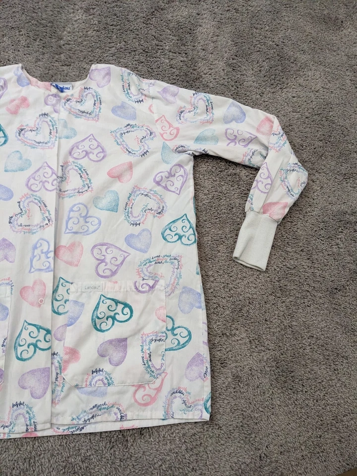 Vintage Landau Scrub Top Womens 1X Hearts Long Sleeve Belted Made in USA - Image 2 of 4