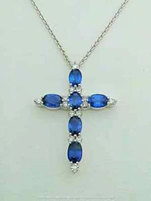 1.20Ct Oval Cut Blue Sapphire Charm Cross Women's Pendant 14k White Gold Finish