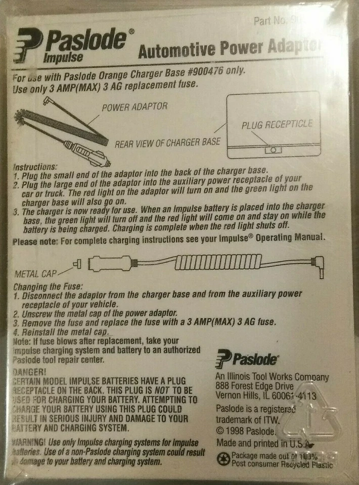 Adaptador de corriente automotriz Paslode Impulse 900507 (j) Foto 2 de 2