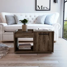 Coffee Table Dext, Compartment Storage Shelf, Single Door Cabinet, Dark Walnut