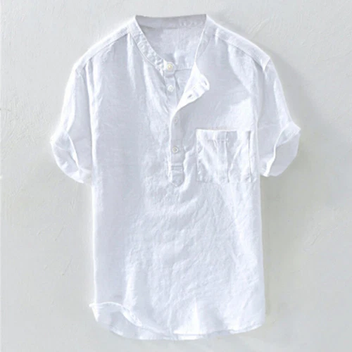 Sommer Herren Leinen Baumwolle Kurzarm Knopfleiste Hemden Brusttasche Bluse Tops - Bild 7 von 14