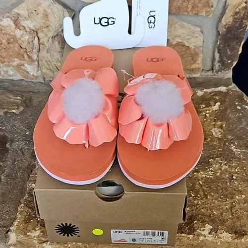 Sandali da donna UGG corallo patinato pelliccia di papavero logo pom pom pom fiore infradito taglia 6