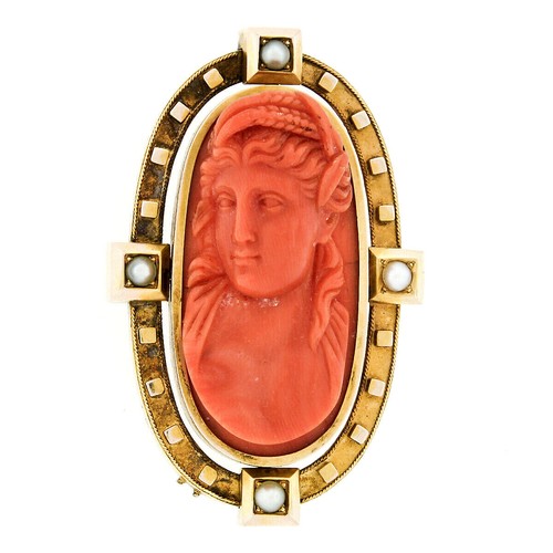 Pendentif Antique Or 18k Lapin Gravé Corail - Années 1920 - Collier Mi-long - Occasion