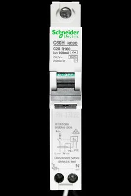SCHNEIDER 20 AMP CURVE C 10kA 100mA RCBO TYPE AC 26867BK