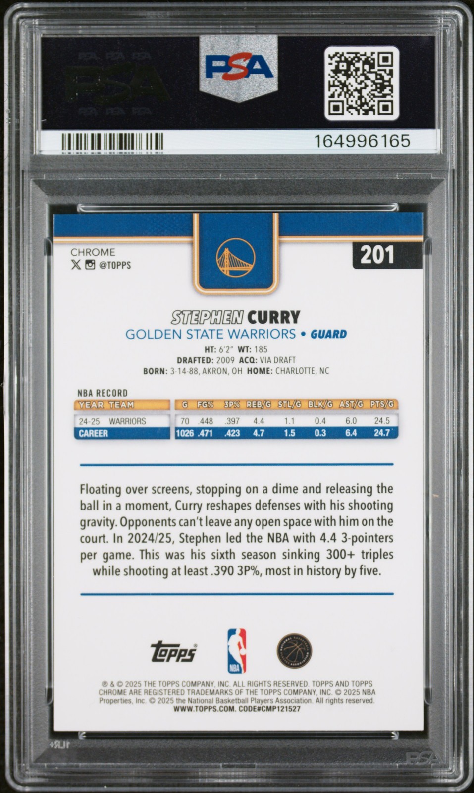 2025 TOPPS CHROME PRISM REFRACTOR #201 STEPHEN CURRY PSA 10 view 2