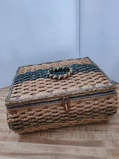 Vintage 1970s  Avocado Green And Tan Wicker Sewing Basket With Inside Tray EUC