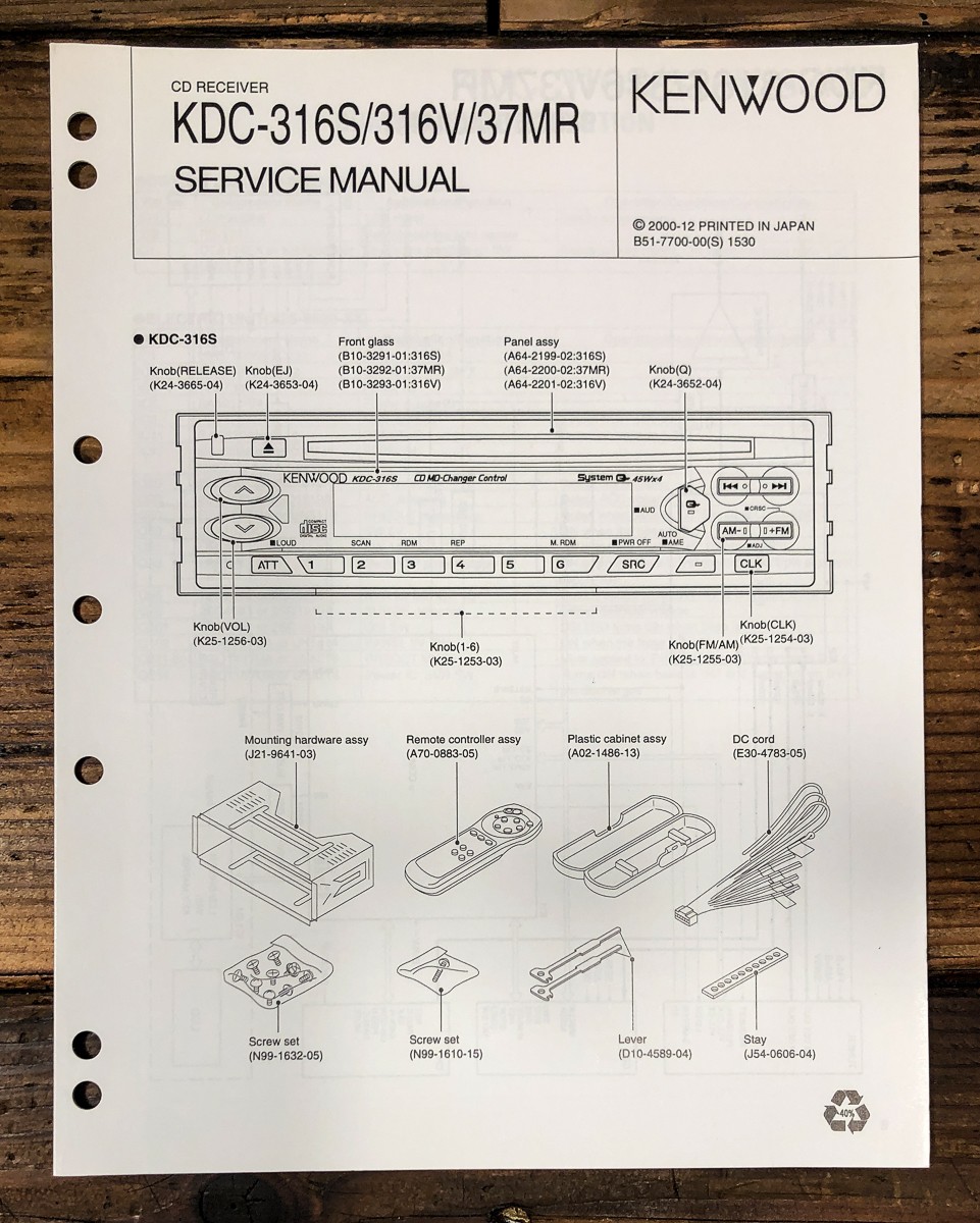 Kenwood KDC-316S KDC-316V -37MR Car Stereo Service Manual *Original*