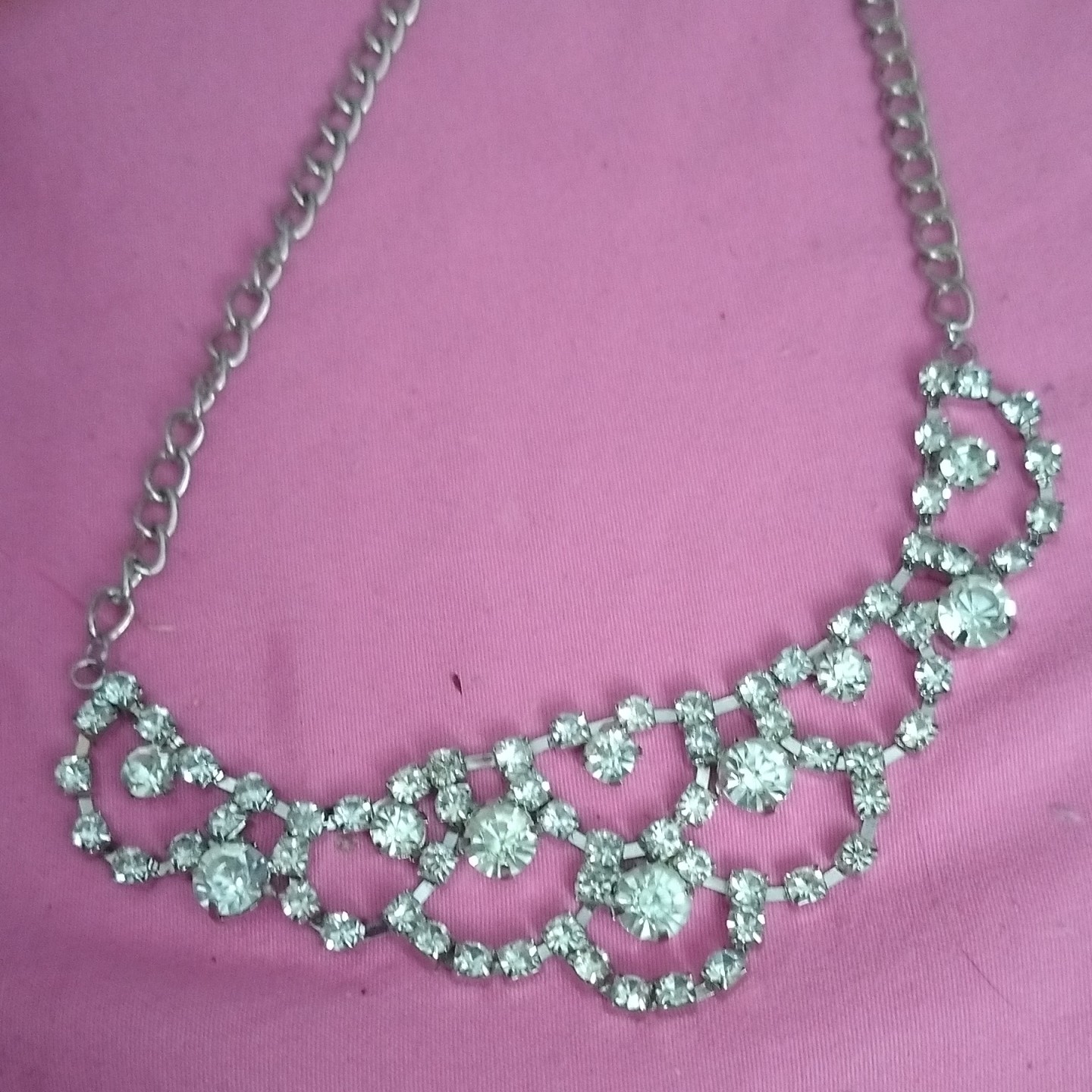 Silver Tone Rhinestone Statement Bib Pendant Necklace White Crystal Cable Chain