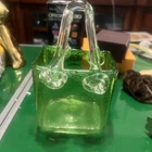 Vintage Hand Blown Art Glass Purse Vase 7”x4” Murano Style Green