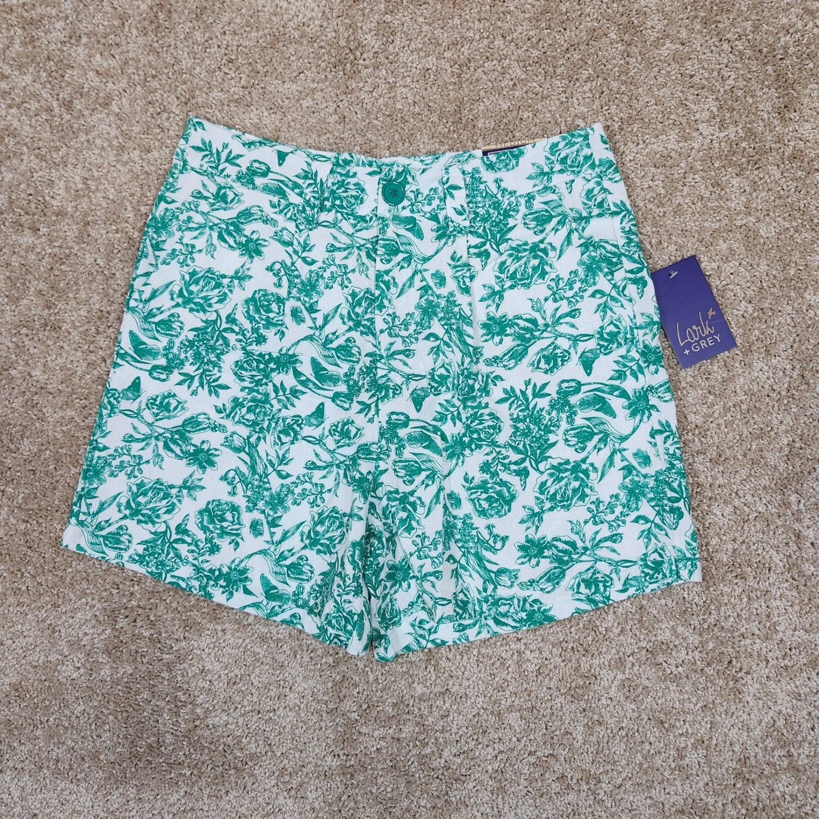 Lark + Grey Shorts Green White Floral Rose Viscose Linen Blend Casual Medium