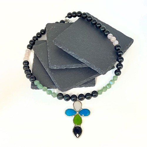 Cross Pendant Beaded Necklace Cross Necklaces Obsidian Rose Quartz Aventurine - Picture 3 of 6