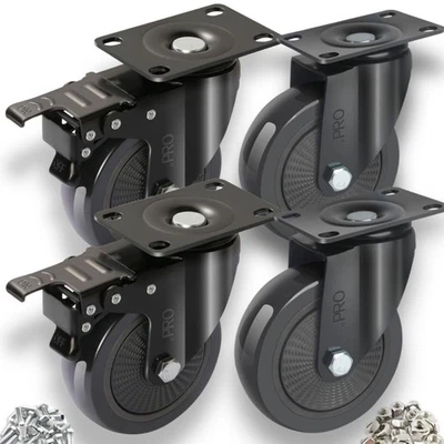 .PRO 4 x Heavy Duty 100mm Rubber Swivel Castor Wheels Trolley Furniture Caster Brake