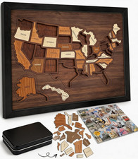 Wooden USA Map Puzzle with 50 Stickers, 12X10 USA Travel Map - America Landmark