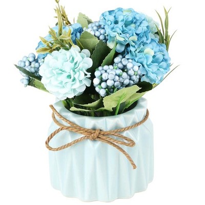 Artificial Hydrangea Bouquet with Small Ceramic Vase Fake Silk Variety Flower...