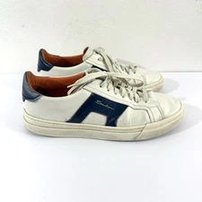 SANTONI Double Buckle DBS White Blue Leather Low Top Sneakers Men's U.S. 9.5