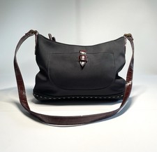 VTG 1990 s Liz Claiborne Black Canvas Shoulder Purse w/Brown Faux Leather Trim