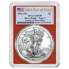 2021 (W) $1 1-oz T-1 American Silver Eagle PCGS MS70 FDOI Flag Label Red Frame