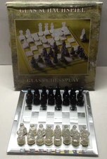 Glass Chess Set Clear & Black Chessmen 7" x 7" Mirrored Board