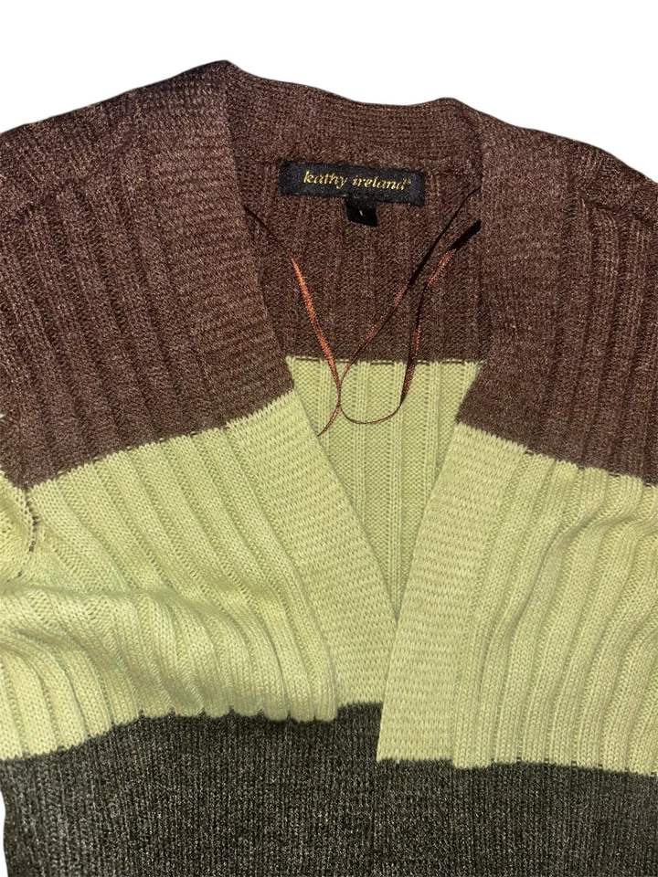 Cárdigan para mujer Kathy Ireland tejido rayas verde marrón crema talla grande usado en excelente estado Foto 2 de 4