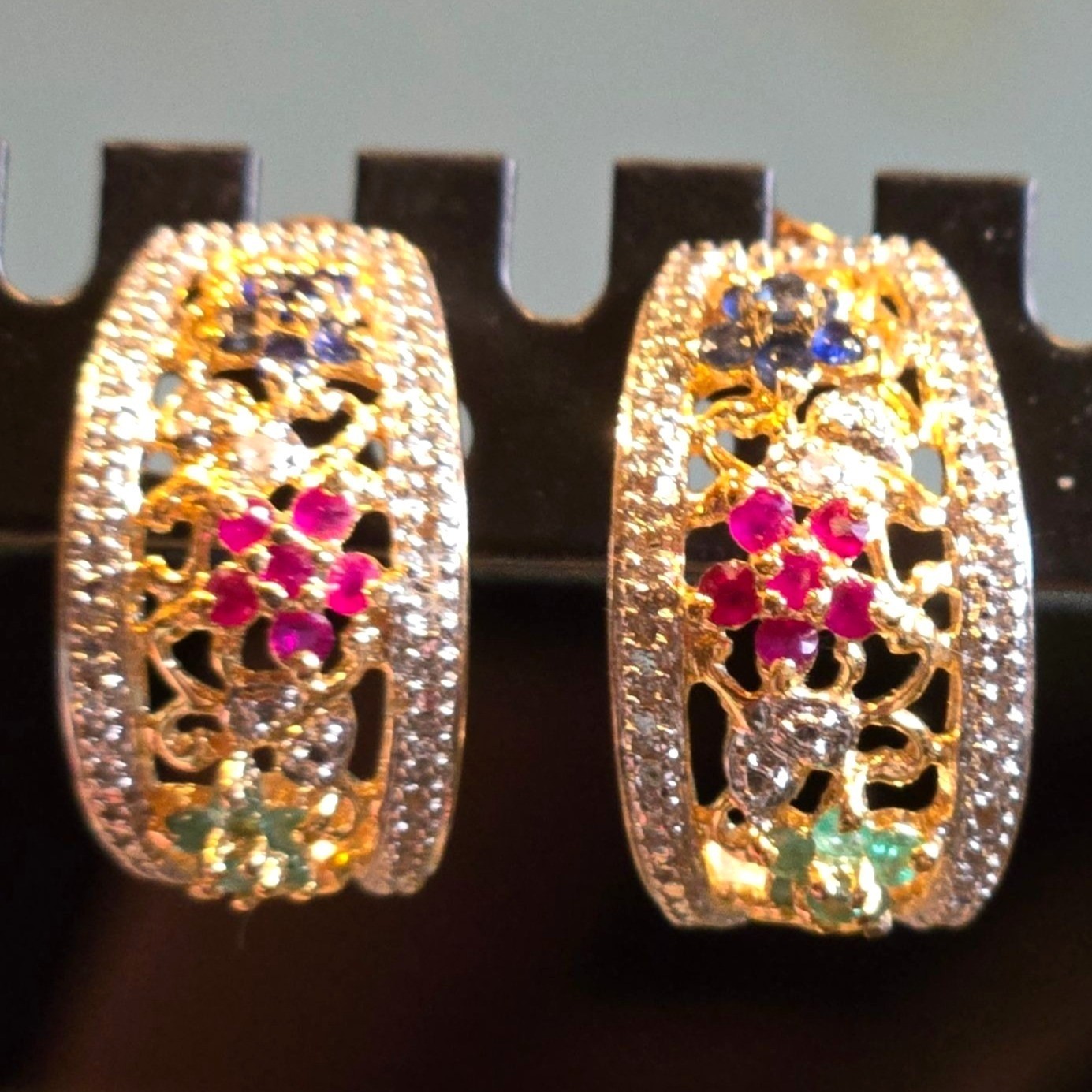 Emerald Ruby Sapphire Earrings Diamond Flower Hoo… - image 7