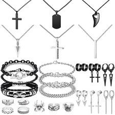 NEWITIN 31 Pieces Stainless Steel Adjustable, Black Silver Jewelry Set