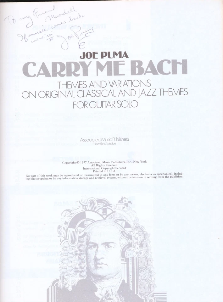 Joe Puma SIGNED Carry Me Bach Classical Guitar  & Jazz Book RARE 1977 FREE SHIP - Image 2 of 4