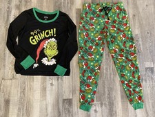 Women's Dr. Seuss Black Green Grinch PJ Pajama Set Small 99 Grinch EUC Holiday