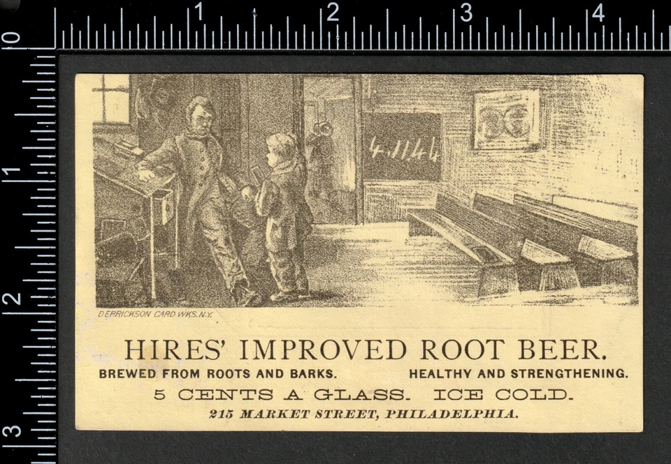 Очень РЕДКАЯ викторианская торговая карточка c 1870-х Hires Root Beer 5 центов стекло Errickson RM.12 - Изображение 2 из 4
