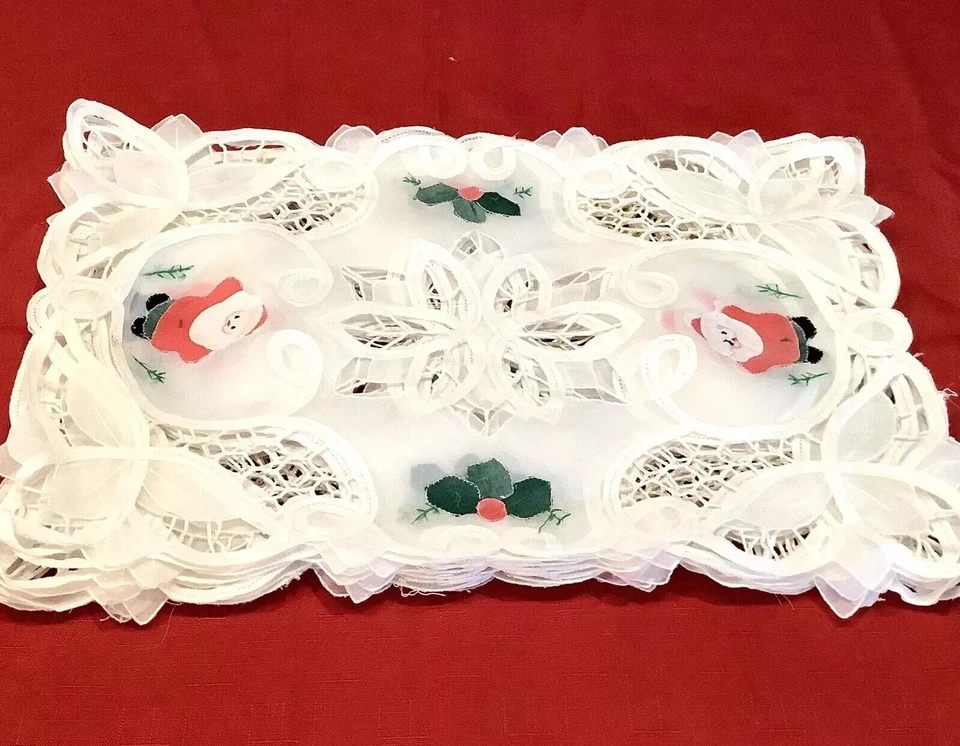 Christmas Place Settings White 10 w/Lace Santa Holly Embroidery  Red Appliqué - Image 3 of 4