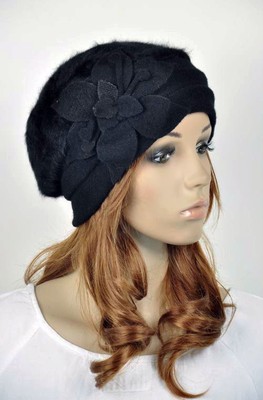 Wool & Rabbit Fur Fashion Lady Women's Dress Hat Beanie Cap Flower All Black