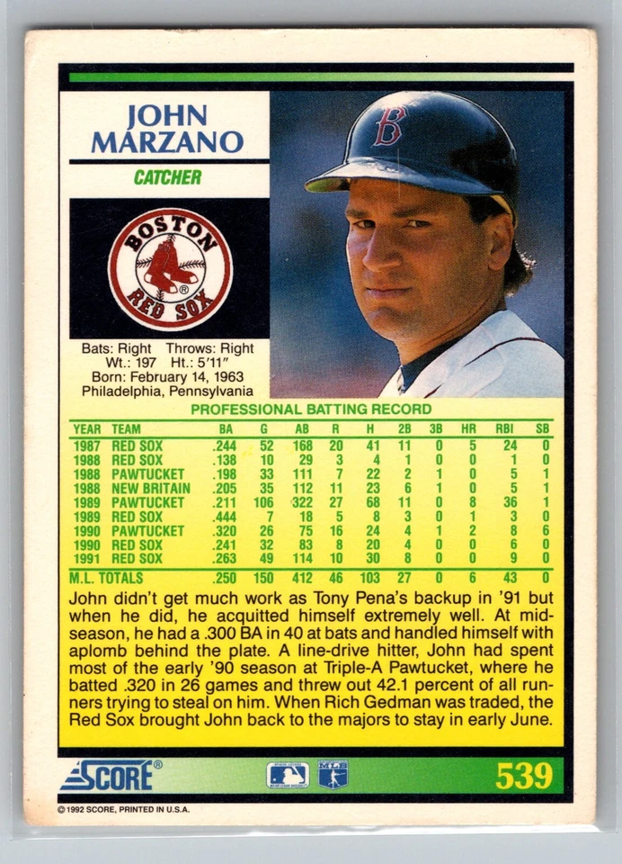1992 Score - John Marzano #539 - Image 2 of 2
