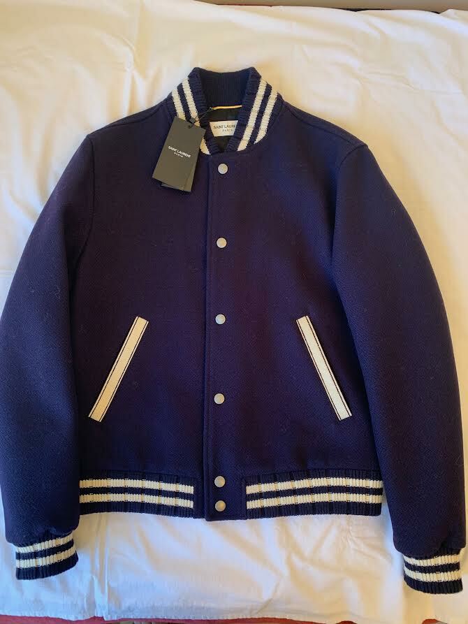 YSL SAINT LAURENT BOMBER JACKET VARSITY TEDDY BACK STAMPA LOGO NUOVO CON ETICHETTE 100% AUTENTICO