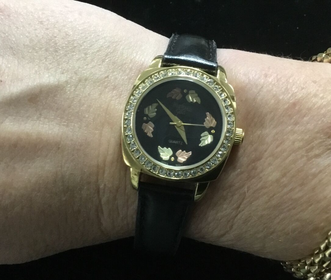 Black Hills Gold Unique 12k gold leaves rhinestones dial Blk  display picture 3