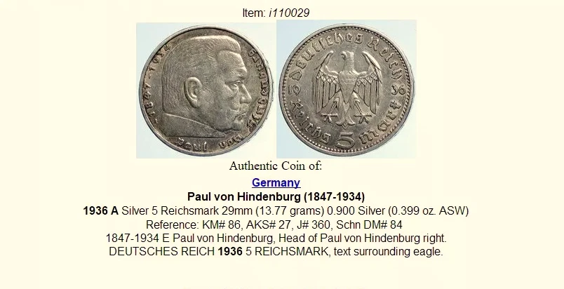 Moneda Alemania 1936-A 5 marcos 90% plata la moneda Paul Von Hindenburg 1847 a 1934 Foto 4 de 4