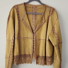 Mustard Yellow Suede Panels Patchwork Crochet Trim Jacket Cardigan Xl