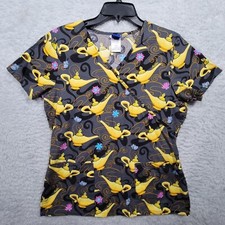 Disney Scrub Top Womens Small Yellow Gray Aladdin Lamp 2 Pockets