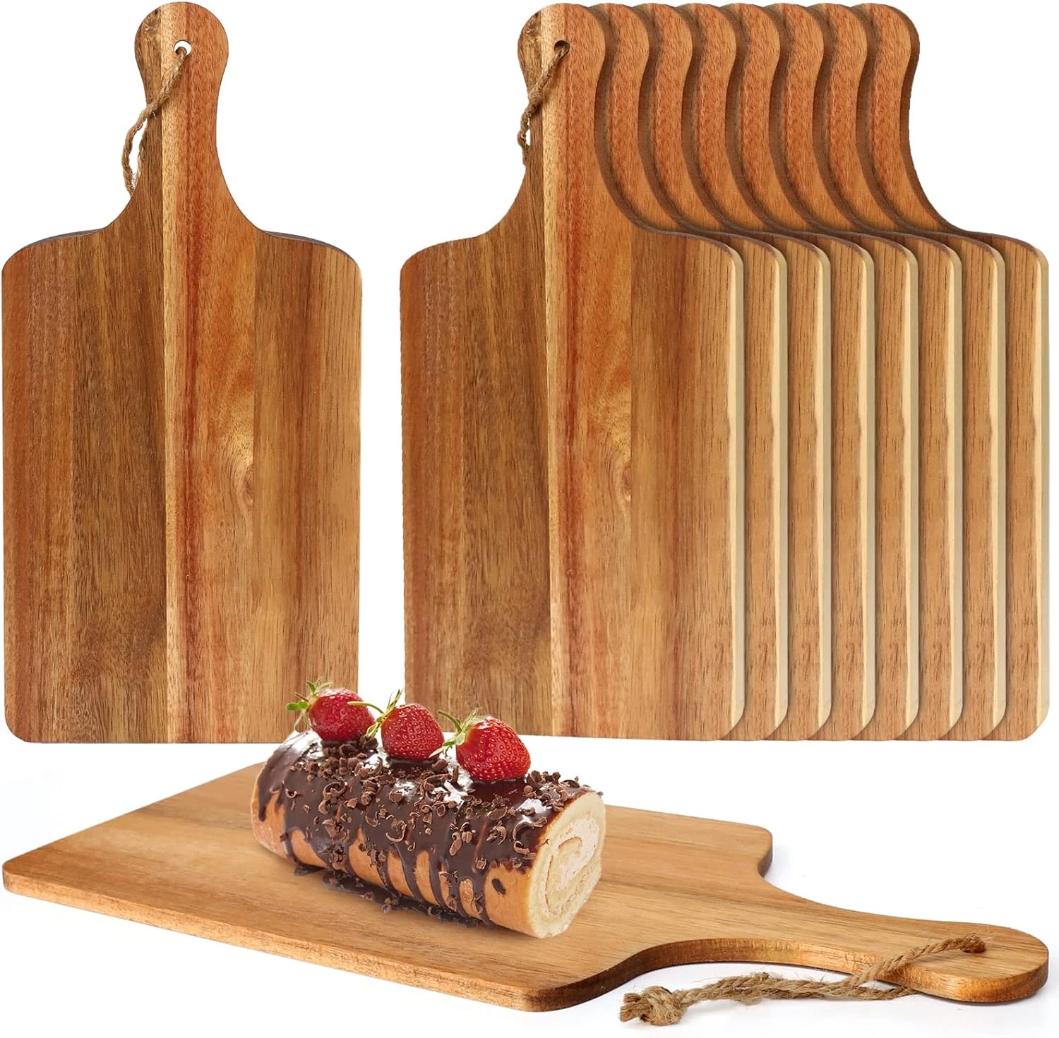 10 Packs Acacia Wood Cutting Board, 15 X 7 Inch Plain Chopping Board with Handle