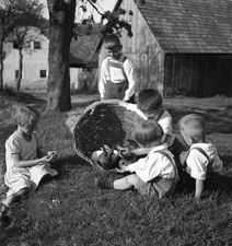 HART village, Austria, children w rabbits, by Eduard PEZDIKA, vintage fine art n