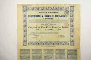 RUSSIAN BOND CHARBONNAGES REUNIS DU NORD DONETZ A MARIEVKA 500 FRANCS 5% 1905