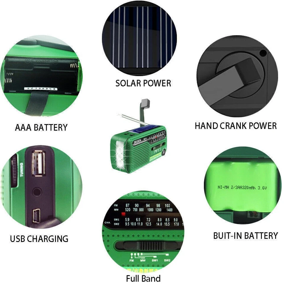 DEGEN DE13 Notfall-Solarradio FM/AM/SW Handkurbel-Dynamo-Empfänger für Camping - Bild 2 von 4