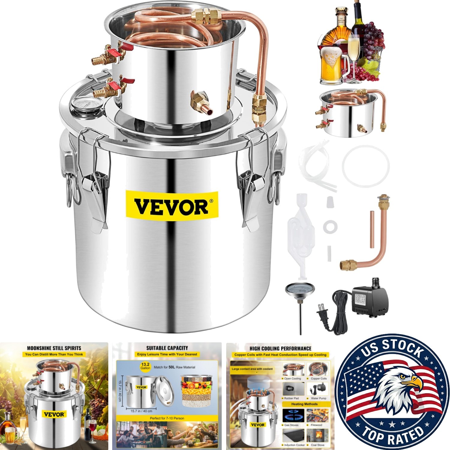 Versatile 13.2Gal Home Distillery Kit with Copper Tube & Energy-Efficient Pump