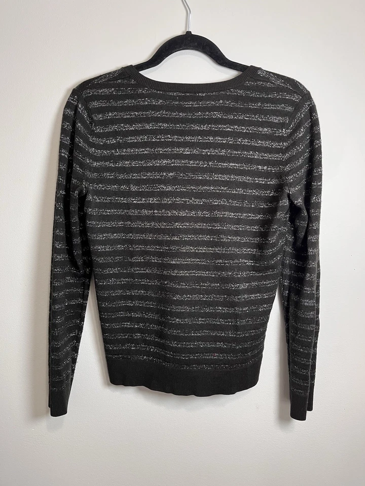 CHARTER CLUB Pullover Silver Shimmer Striped V-Neck Women’s Sweater Sz M EUC - Image 4 of 4