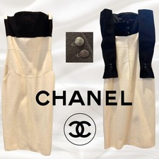 CHANEL Ivory & Black Wool Silk Dress S Authentic Luxury