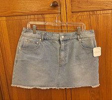 Altard State Blue Denim Mini Skirt XL Bow Accent Pockets Frayed Hem Zip