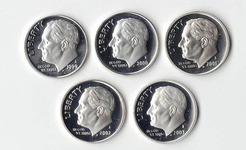 LOT OF FIVE 1999S-2003S SILVER PROOF ROOSEVELT DIMES - BU