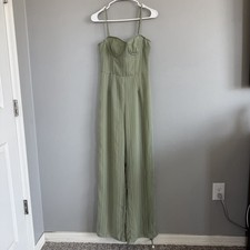Prettylittlething PLT Sage Green Jumpsuit Pinstripe Spaghetti Strap Sz US 6 UK10