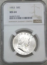 1953 P Franklin Half Dollar NGC MS64 95% FBL Frosty White PQ New Holder #U163A