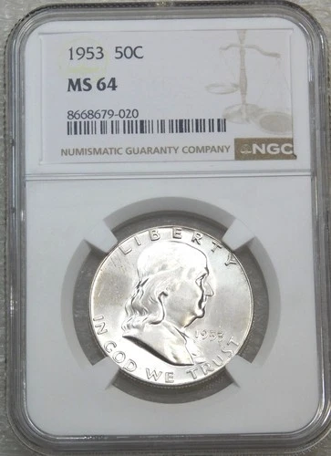 1953 P Franklin Half Dollar NGC MS64 95% FBL Frosty White PQ New Holder #U163A