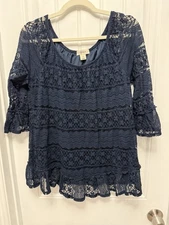 Style & Co Womens Lace Top Sz X Large Navy Blue 3/4 Sleeves Scoop Neck